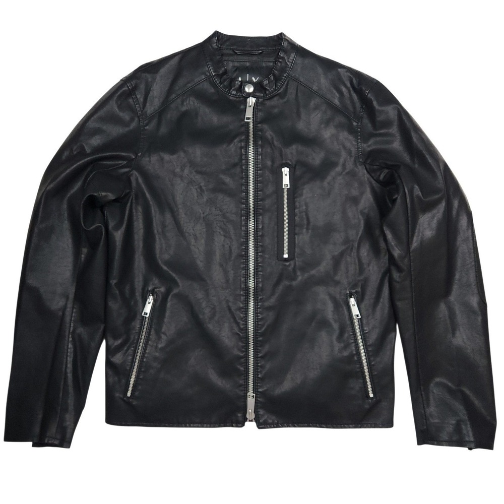 Armani Exchange Black Faux Leather Moto Cafe Racer Jacket XL Spring 2016